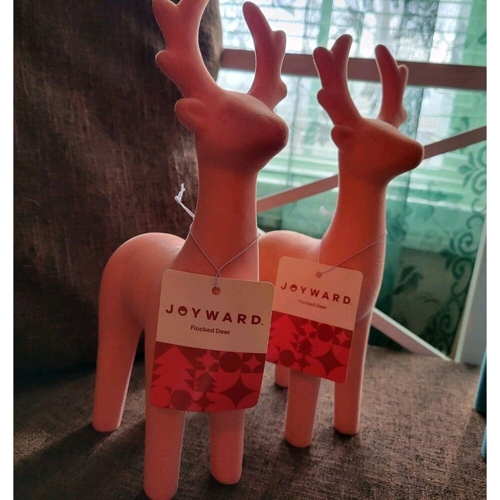 Deer Figurines in Coral Orange Joyward Flocked 9.6" Soft Feel, Set of 2 - NEW - Picture 2 of 7